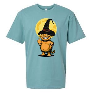 Halloween Cat Wearing Witch Hat With The Middle Finger Funny Sueded Cloud Jersey T-Shirt