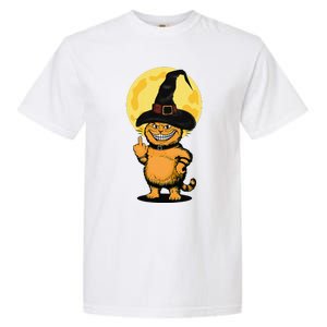 Halloween Cat Wearing Witch Hat With The Middle Finger Funny Garment-Dyed Heavyweight T-Shirt