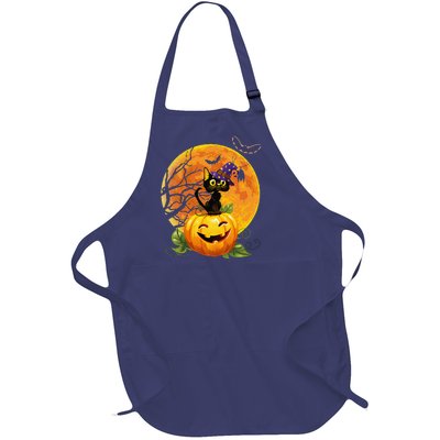 Halloween Cute Witch Cat Mom Pumpkin Moon Spooky Cat Full-Length Apron With Pockets