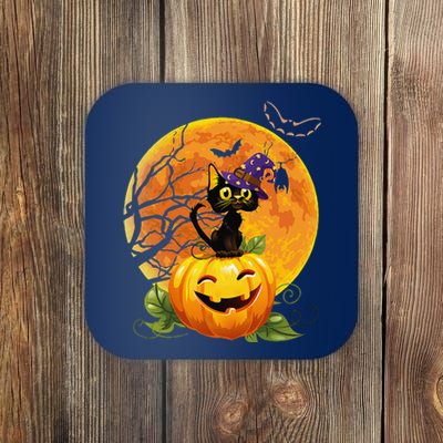 Halloween Cute Witch Cat Mom Pumpkin Moon Spooky Cat Coaster