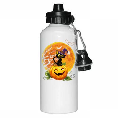 Halloween Cute Witch Cat Mom Pumpkin Moon Spooky Cat Aluminum Water Bottle 