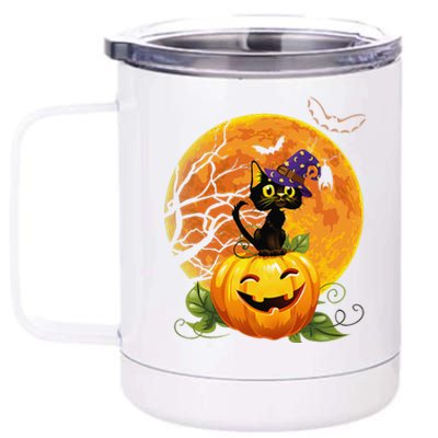 Halloween Cute Witch Cat Mom Pumpkin Moon Spooky Cat 12 oz Stainless Steel Tumbler Cup