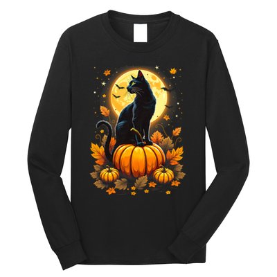Halloween Cat Women Funny Fall Pumpkin Cat Lover Cute Long Sleeve Shirt