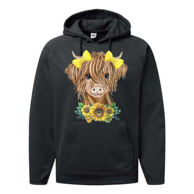 Highland Cow With Sunflowers Performance Fleece Hoodie