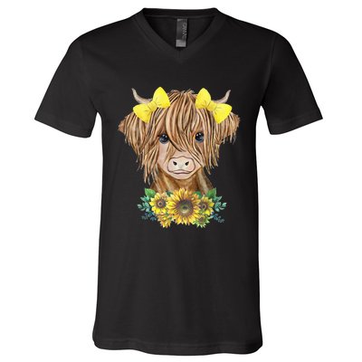 Highland Cow With Sunflowers V-Neck T-Shirt