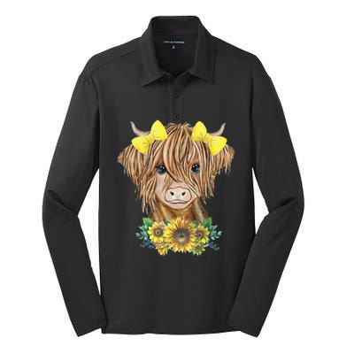 Highland Cow With Sunflowers Silk Touch Performance Long Sleeve Polo