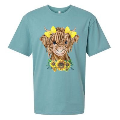 Highland Cow With Sunflowers Sueded Cloud Jersey T-Shirt