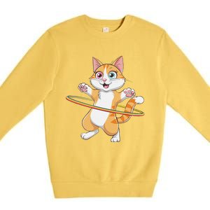 Happy Cat With Hula Hoop Rainbow Fun Design Premium Crewneck Sweatshirt