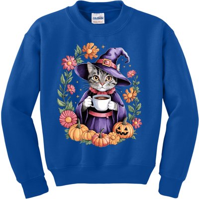 Halloween Cat Witch Hat Coffee Pumpkins Floral Cat Witch Cute Gift Kids Sweatshirt