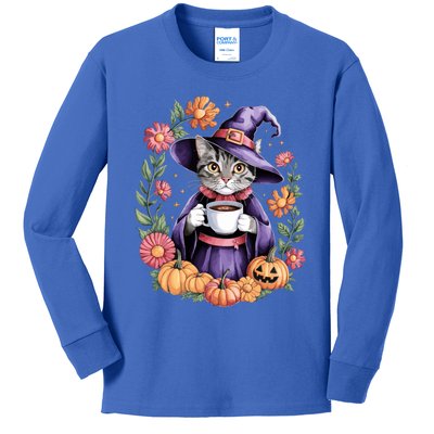 Halloween Cat Witch Hat Coffee Pumpkins Floral Cat Witch Cute Gift Kids Long Sleeve Shirt