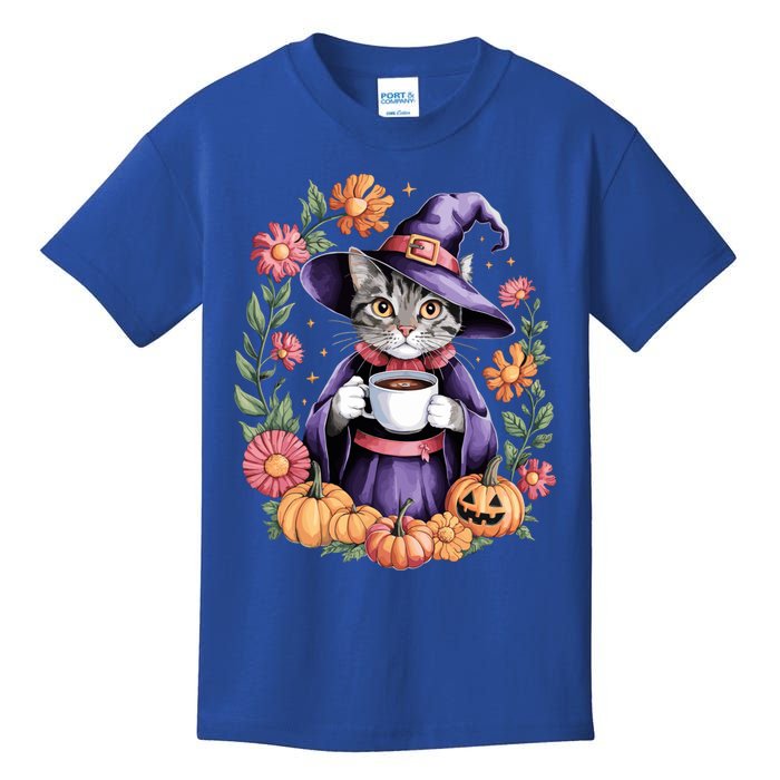 Halloween Cat Witch Hat Coffee Pumpkins Floral Cat Witch Cute Gift Kids T-Shirt