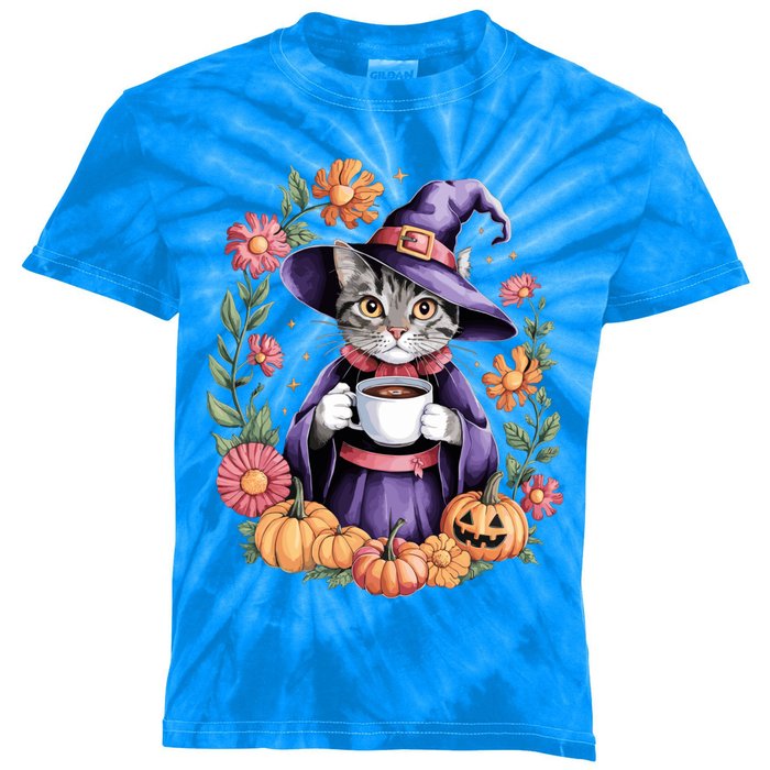 Halloween Cat Witch Hat Coffee Pumpkins Floral Cat Witch Cute Gift Kids Tie-Dye T-Shirt