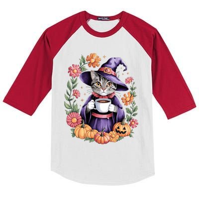 Halloween Cat Witch Hat Coffee Pumpkins Floral Cat Witch Cute Gift Kids Colorblock Raglan Jersey