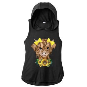 Highland Cow With Sunflowers Ladies PosiCharge Tri-Blend Wicking Draft Hoodie Tank