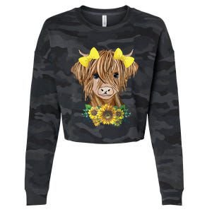 Highland Cow With Sunflowers Cropped Pullover Crew