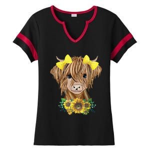 Highland Cow With Sunflowers Ladies Halftime Notch Neck Tee