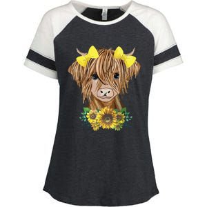 Highland Cow With Sunflowers Enza Ladies Jersey Colorblock Tee