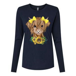 Highland Cow With Sunflowers Womens Cotton Relaxed Long Sleeve T-Shirt