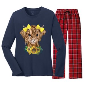 Highland Cow With Sunflowers Women's Long Sleeve Flannel Pajama Set 