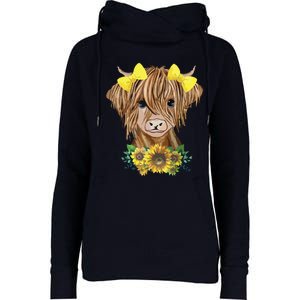 Highland Cow With Sunflowers Womens Funnel Neck Pullover Hood