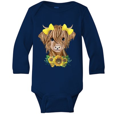 Highland Cow With Sunflowers Baby Long Sleeve Bodysuit