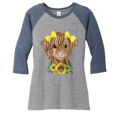 Highland Cow With Sunflowers Women's Tri-Blend 3/4-Sleeve Raglan Shirt