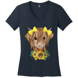 Highland Cow With Sunflowers Women's V-Neck T-Shirt