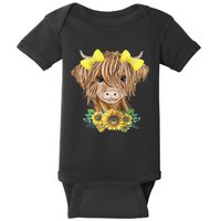 Highland Cow With Sunflowers Baby Bodysuit