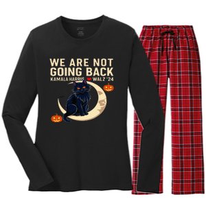 Halloween Cat We Are Not Going Back Kamala Harris Waltz 24 Women's Long Sleeve Flannel Pajama Set 