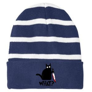 Halloween Cat What Funny Murderous Black Cat With Knife Striped Beanie with Solid Band