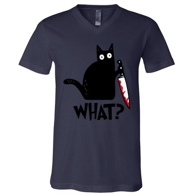 Halloween Cat What Funny Murderous Black Cat With Knife V-Neck T-Shirt