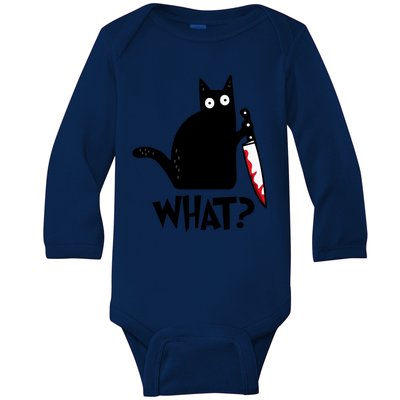 Halloween Cat What Funny Murderous Black Cat With Knife Baby Long Sleeve Bodysuit