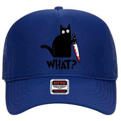 Halloween Cat What Funny Murderous Black Cat With Knife High Crown Mesh Back Trucker Hat