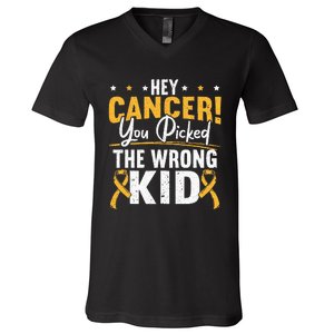 Hey Cancer You Picked The Wrong Childhood Cancer Ribbon V-Neck T-Shirt