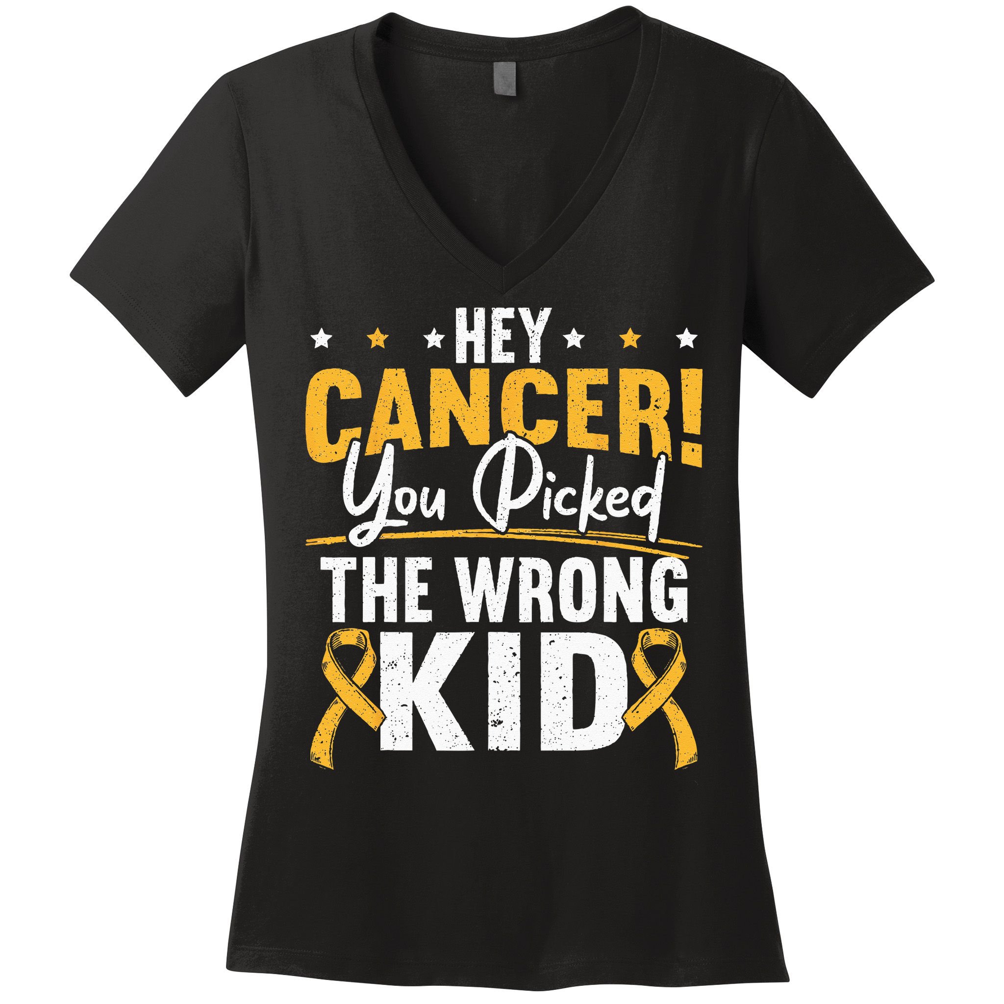 Hey Cancer You Picked The Wrong Childhood Cancer Ribbon Women's V-Neck T-Shirt