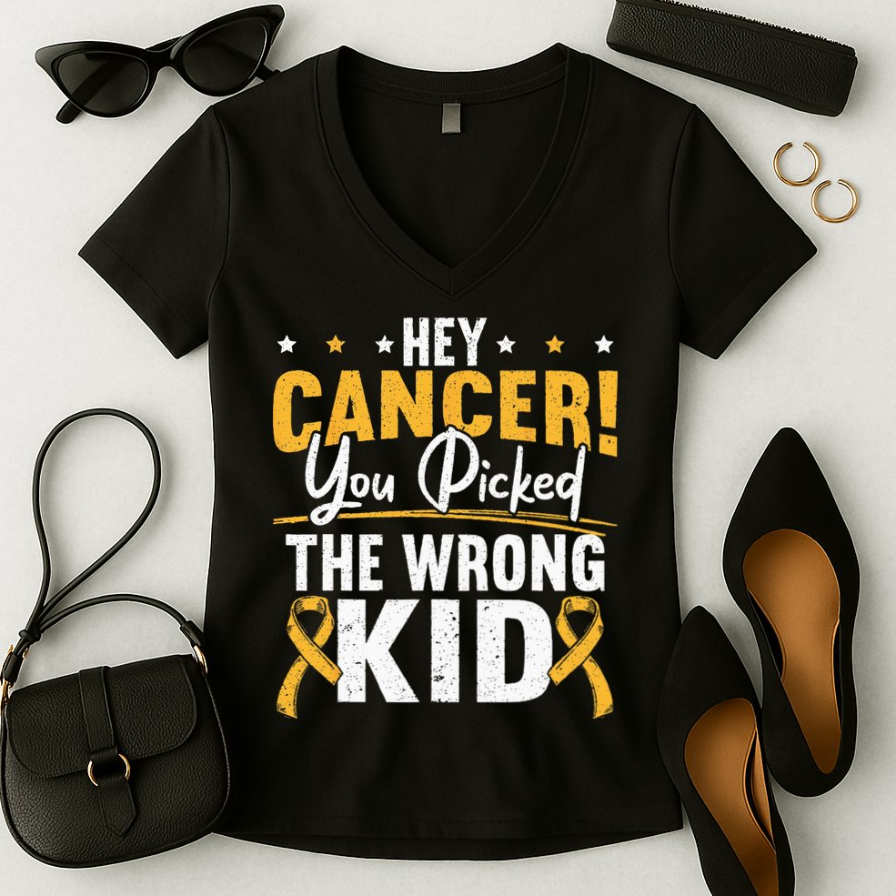 Hey Cancer You Picked The Wrong Childhood Cancer Ribbon Women's V-Neck T-Shirt