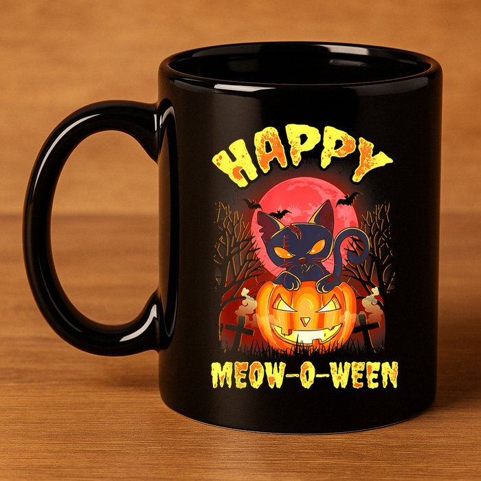 Halloween Cat Zombie Jack O Lantern Happy MeowOWeen Kitten 11oz C Handle Ceramic Mug