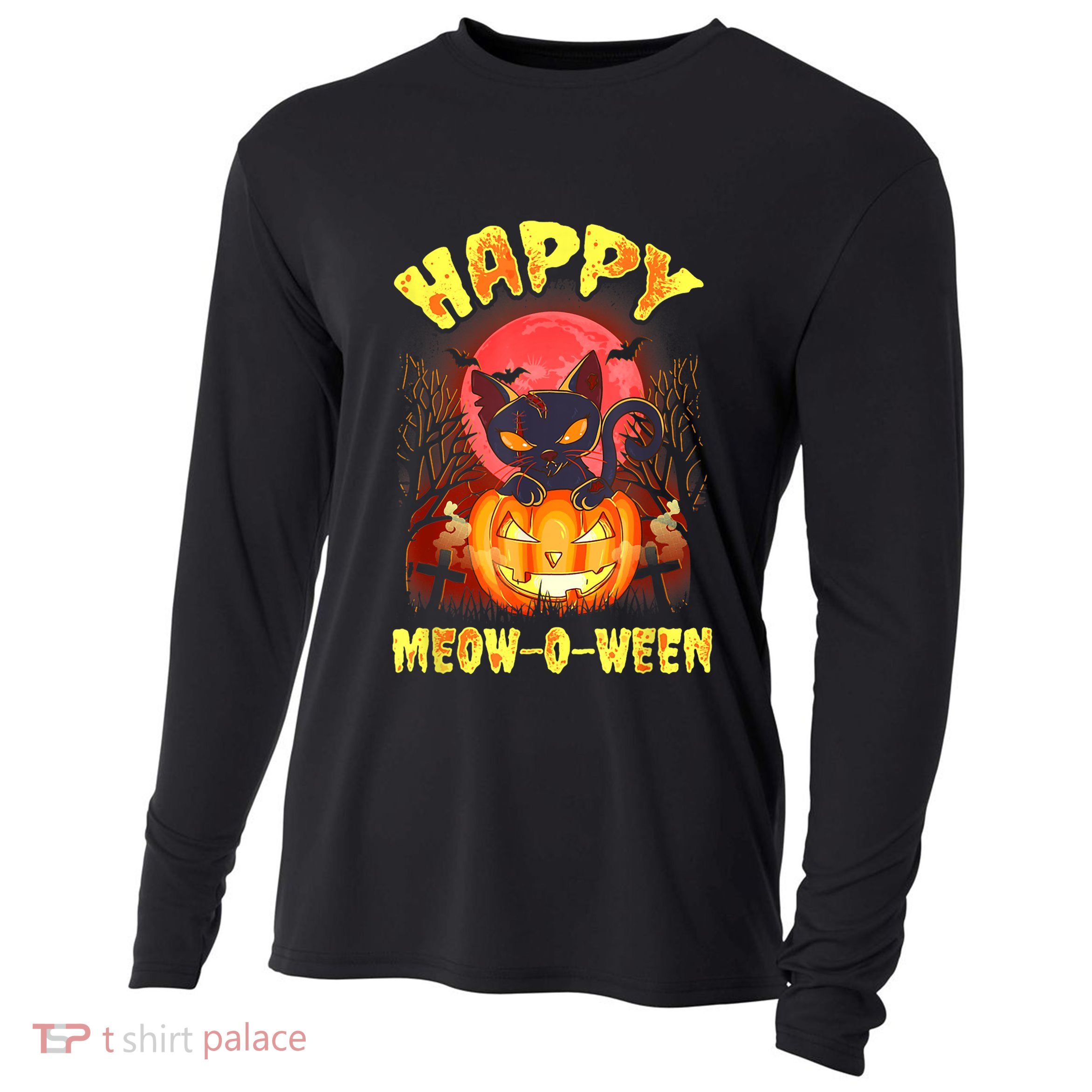 Halloween Cat Zombie Jack O Lantern Happy MeowOWeen Kitten Cooling Performance Long Sleeve Crew