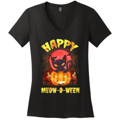 Halloween Cat Zombie Jack O Lantern Happy MeowOWeen Kitten Women's V-Neck T-Shirt