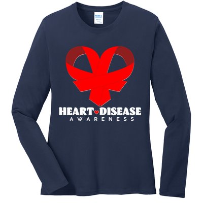 Heart Disease Awareness Red Heart Ribbons Ladies Long Sleeve Shirt
