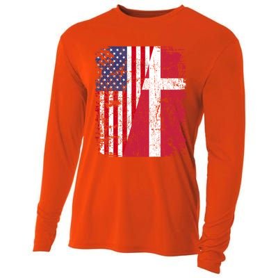 Half Danish American Flags Denmark Usa Distressed Vintage Gift Cooling Performance Long Sleeve Crew