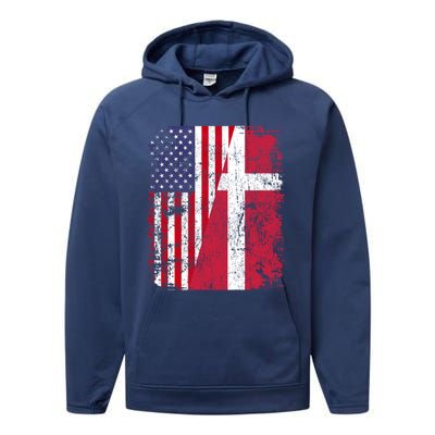 Half Danish American Flags Denmark Usa Distressed Vintage Gift Performance Fleece Hoodie