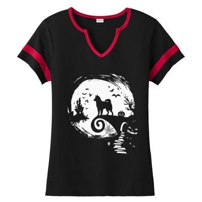 Husky Dog And Moon Halloween Costume Dog Lover Funny Ladies Halftime Notch Neck Tee