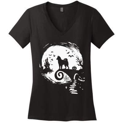 Husky Dog And Moon Halloween Costume Dog Lover Funny Women's V-Neck T-Shirt