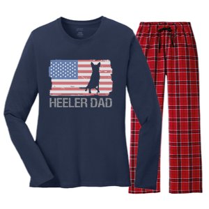 Heeler Dad American Usa Flag Funny Cattle Dog Owner Women's Long Sleeve Flannel Pajama Set 