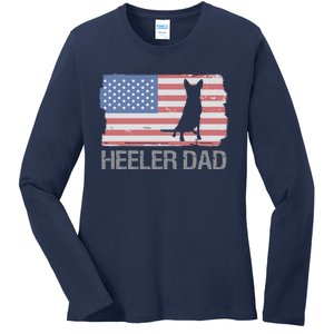 Heeler Dad American Usa Flag Funny Cattle Dog Owner Ladies Long Sleeve Shirt