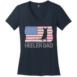 Heeler Dad American Usa Flag Funny Cattle Dog Owner Women's V-Neck T-Shirt