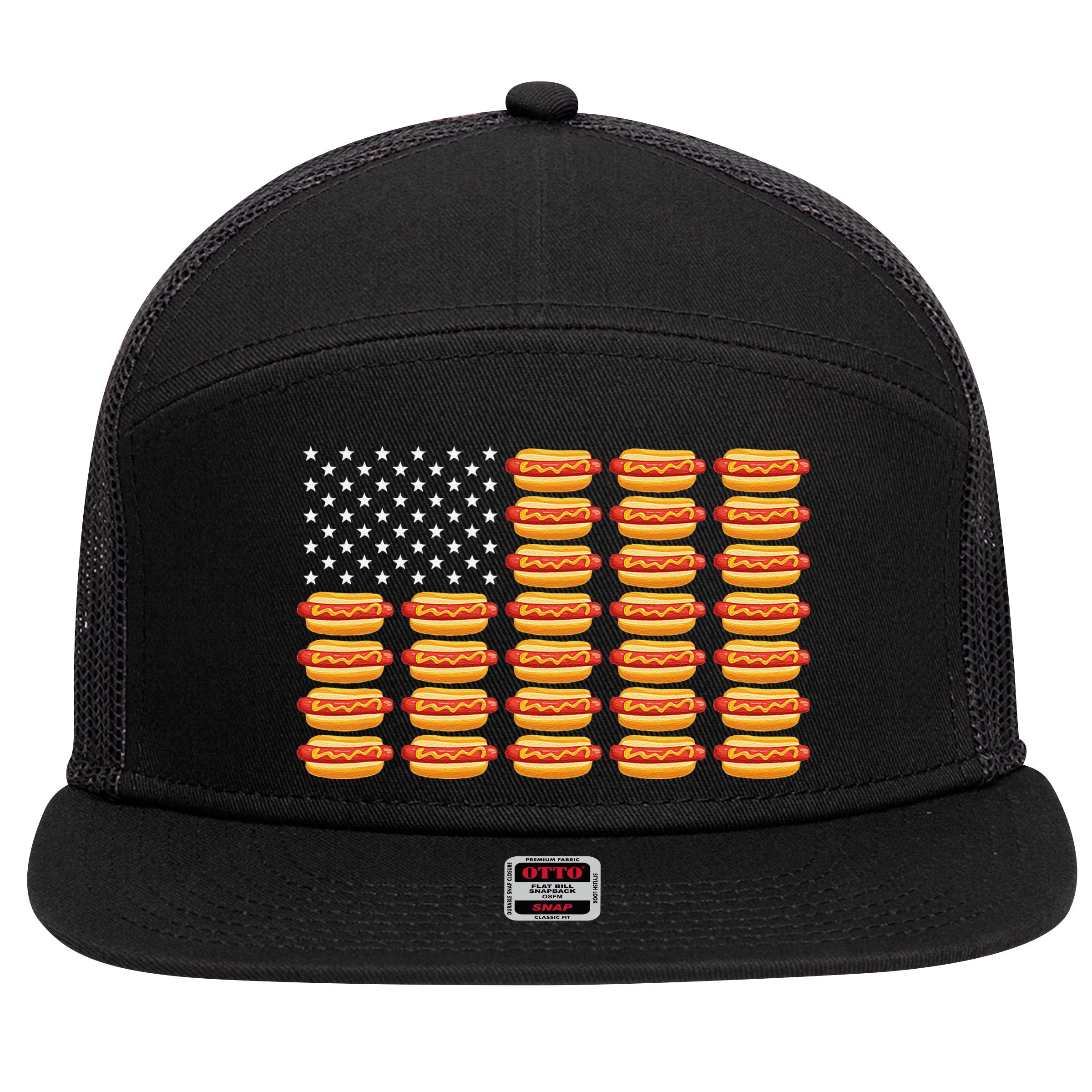 Hot Dog American Flag July 4th Patriotic Summer BBQ Funny 7 Panel Mesh Trucker Snapback Hat