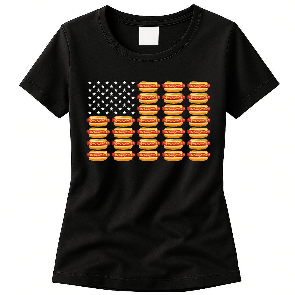 Hot Dog American Flag July 4th Patriotic Summer BBQ Funny Womens T-Shirt