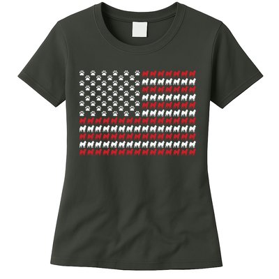 Husky Dog American Flag Patriotic 4th Of July Womens T-Shirt